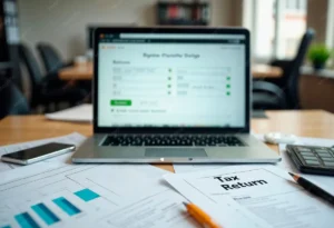 Notebook s daňovým přiznáním, kalkulačka a doklady na stole